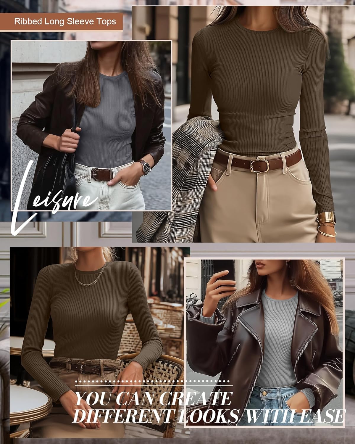 Ficerd 3 Pack Women's Ribbed Long Sleeve Tops, Crew Neck Slim Fit Undershirts Knit Basic Casual Stretch Layering Tee Shirts - Image 4