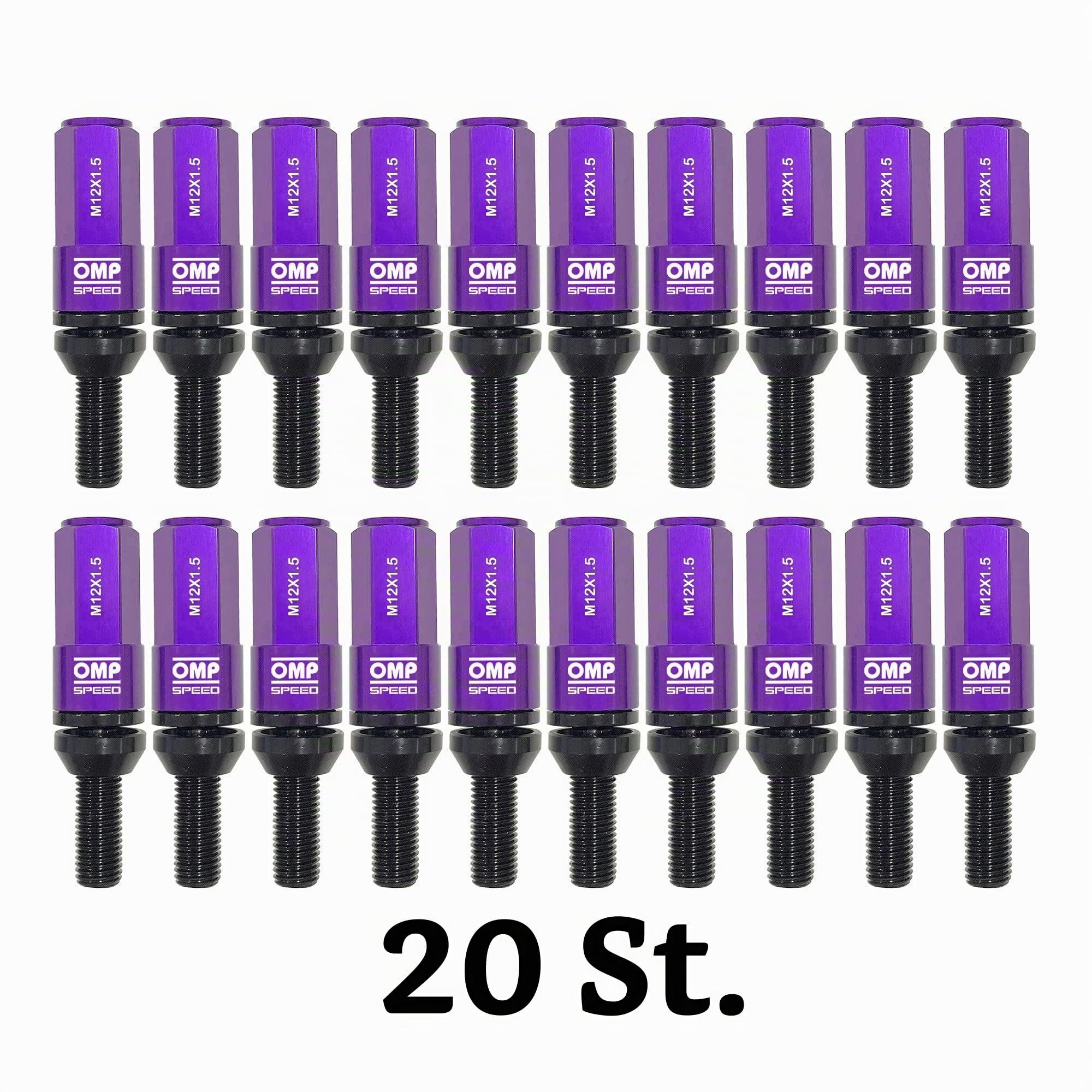 OMP SPEED Set 20 schwarze Radschrauben mit M12X1,5 metrisch 17-19 lang 28MM Gewindeschlüssel mit lila Aluminiumschutz 7075 + DIN 12,9