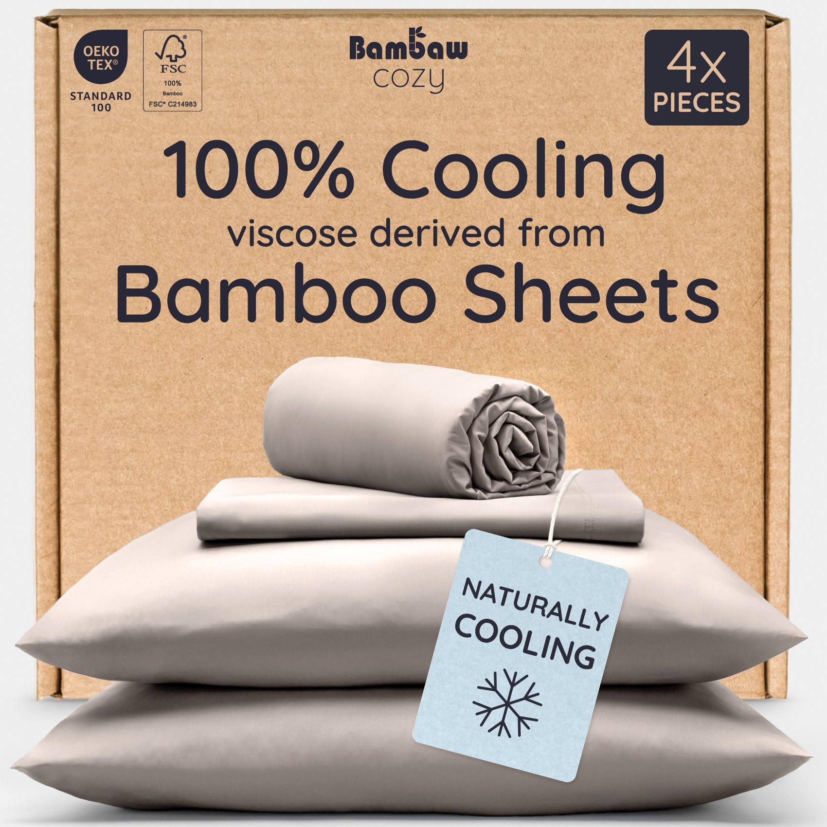 Bambaw 100% Viscose Derived from Bamboo Sheets King Size Set – 4pcs Luxury Bed Sheet Set, Best Cooling Sheets for Hot Sleepers, Soft & Breathable, Fits Up to 16'' Deep Pocket (Sand)