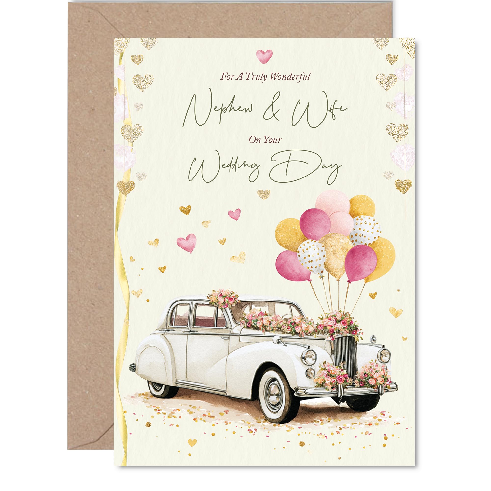 Nephew & Wife Wedding Card - Vintage Car - Happy Wedding Card from Auntie Uncle, A5 Marriage Congrats Well Done Greeting Cards