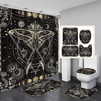 4PCS Celestial Shower Curtain Set, Gold Glitter Sun and Moon Phase Starry Sky Galaxy Constellation Tarot Witch Mystic Boho Bathroom Decor, Black Fabric Shower Curtain, Non-Slip Bath Mat, Moth