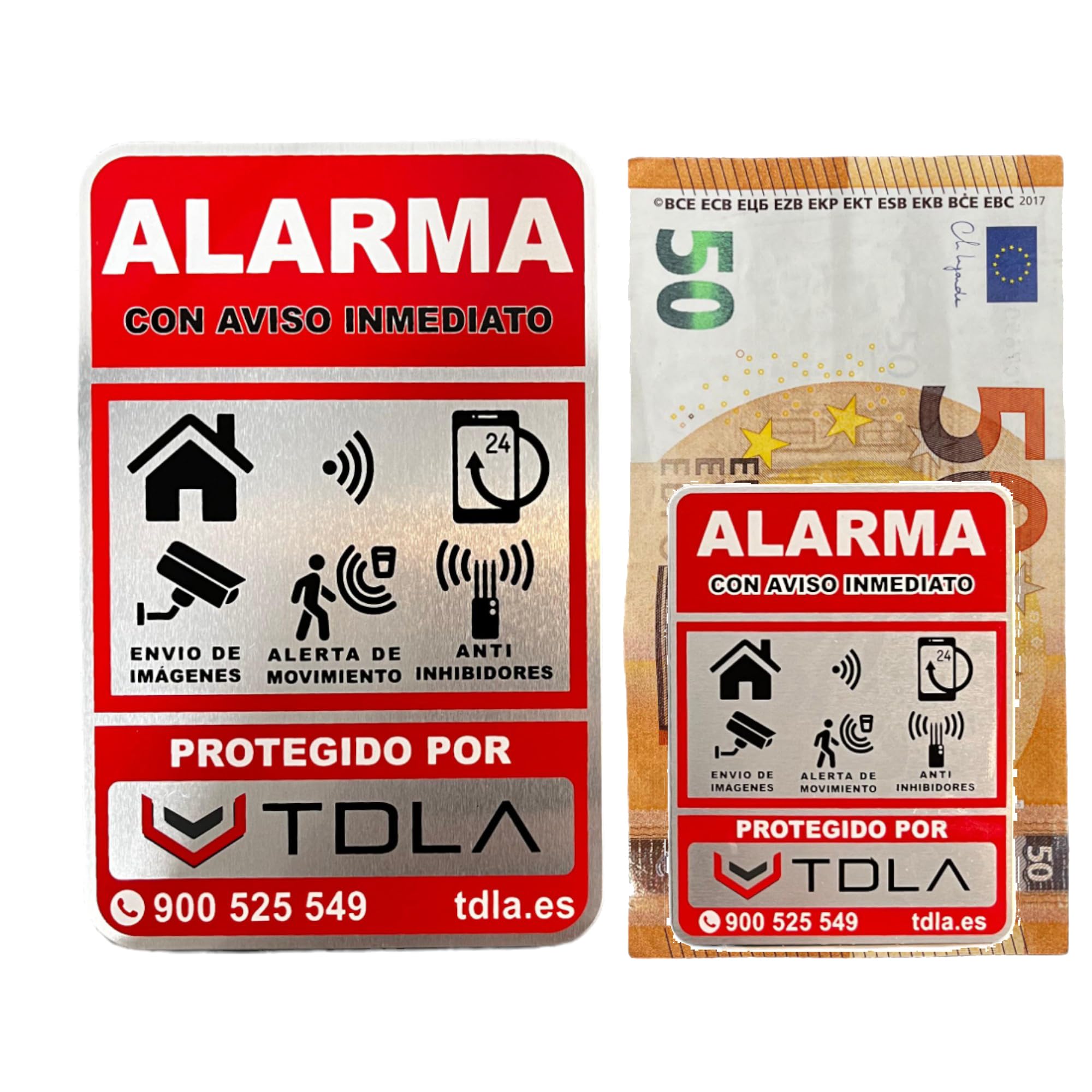 PACK 2 Tamaños - NO PARECE REAL, LO ES. Super Adhesivo y ALUMINIO - Somos empresa venta de ALARMAS Especial piso Cartel alarma disuasorio Alarma ROJO - 14x9cm y 8x6cm