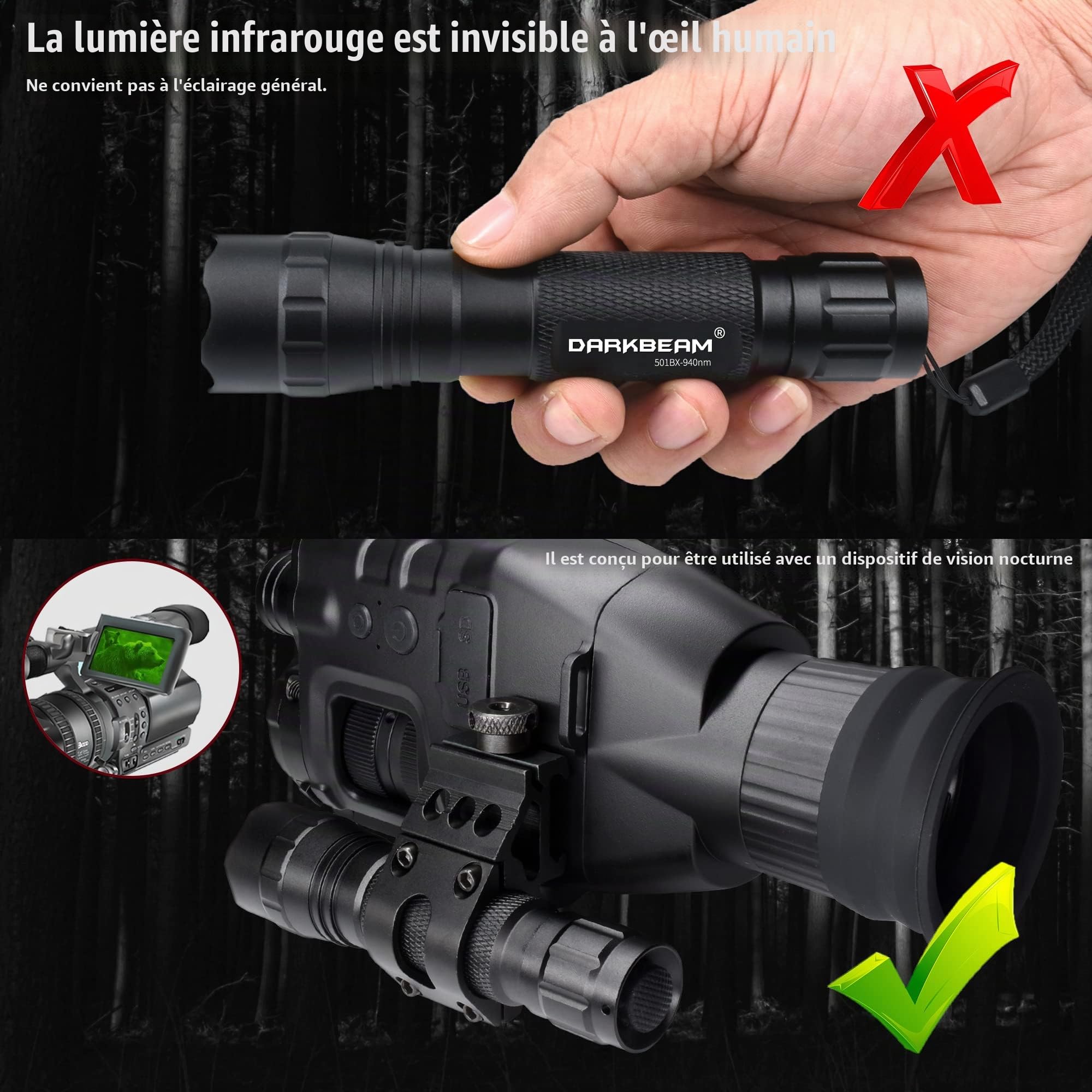 DARKBEAM Lampe Torche IR 940nm LED Lampe de Poche Infrarouge | Travailler avec l'équipement de Vision Nocturne, Puissant Invisible Lumière Rechargeable pour chasse,avec clip