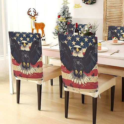 Miniatura 4 de Juego de 6 fundas decorativas para sillas de comedor del 4 de julio, diseño de pájaro negro, para ceremonia, lavable, protector para sillas de