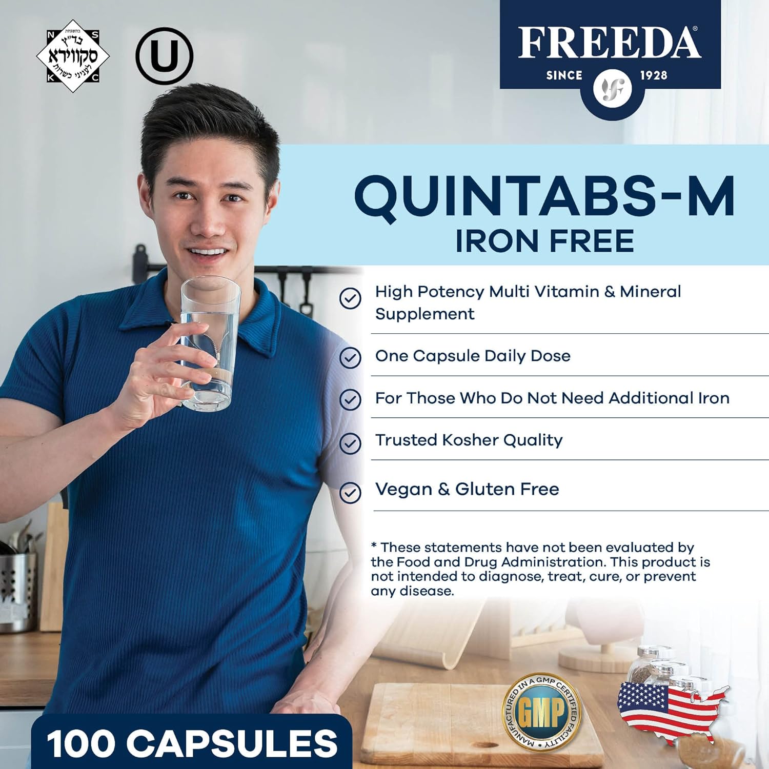 FREEDA One Daily Multivitamin Without Iron – Quintabs-M Iron-Free – Kosher, Balanced Multivitamin Supplements for Adults, Men & Women's Health Complete Multivitamins (100 Capsules) - Image 2