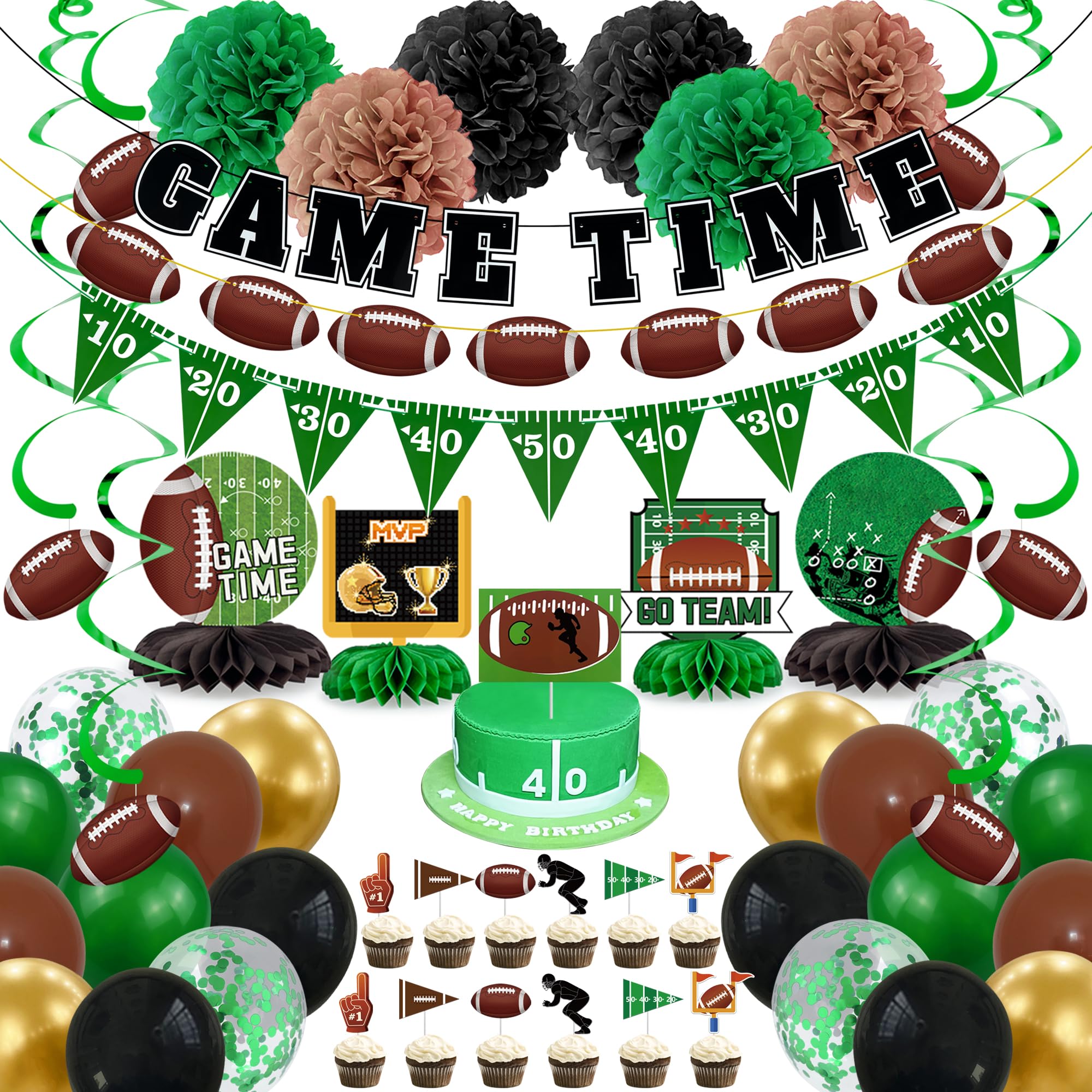 52 PCS Football Party Supplies Set Football Decorations with Balloons Paper Pompoms Cake Toppers Triangle Flags Banner Hanging Swirl and Honeycomb