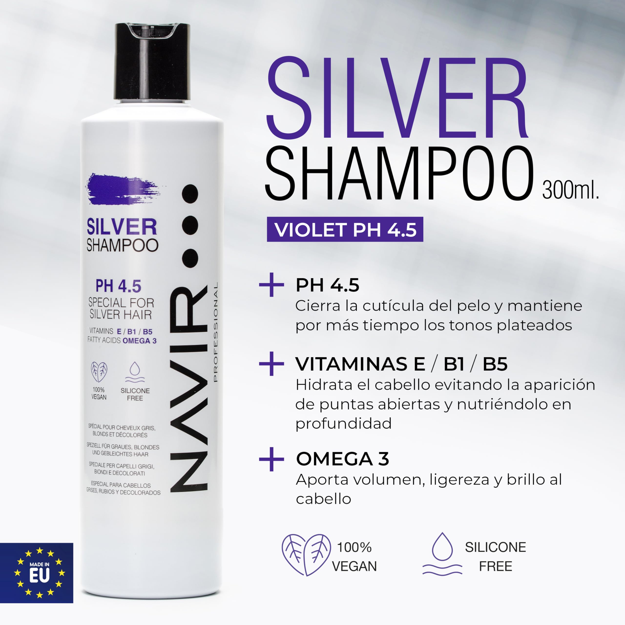 NAVIR Profesional | Champú Morado y Mascarilla SILVER | Matizador para cabellos grises, rubios y decolorados (Champú 300 ml + Mascarilla 250 ml)