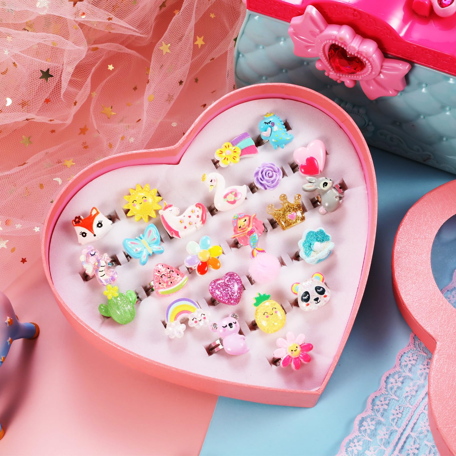 PinkSheep Anillos de joyas para niñas en caja, ajustables, sin duplicación, anillos de juego de simulación y de vestir para niñas (24 Bling Ring)