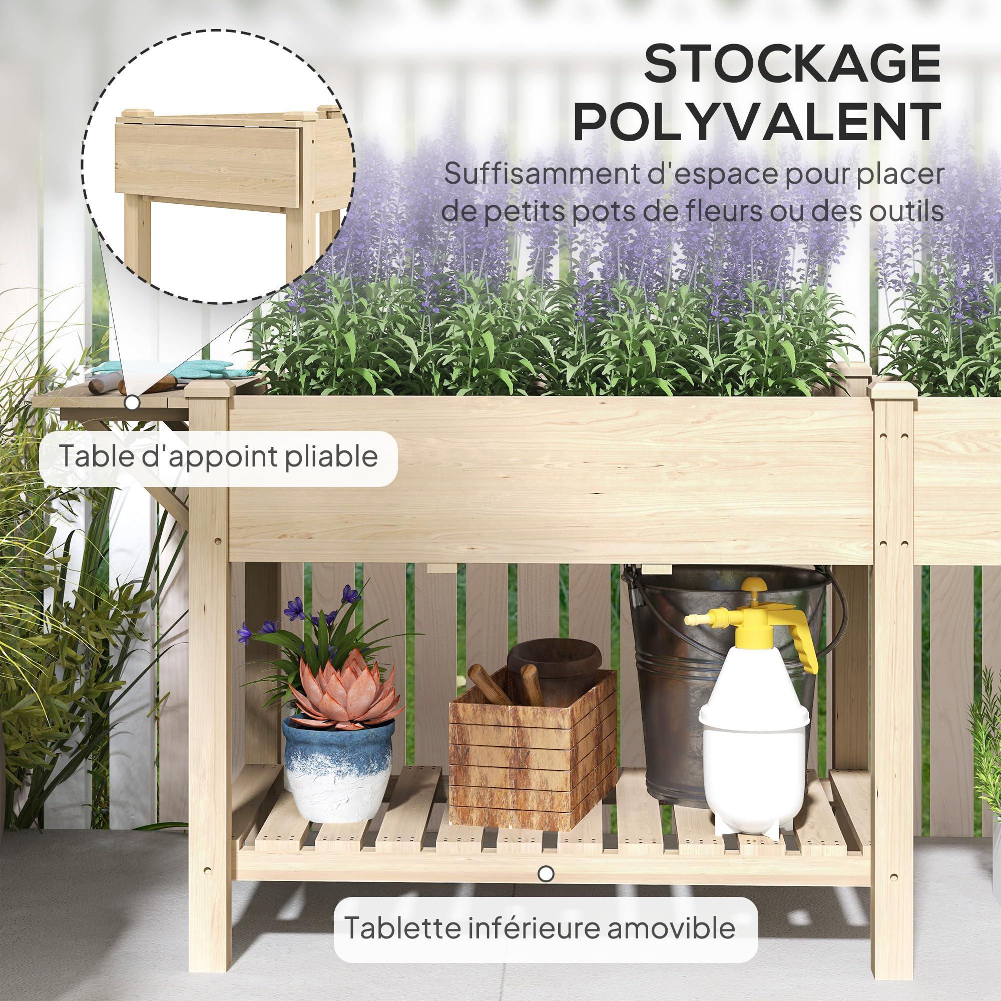 Outsunny Jardinière sur Pieds 2 Bacs 207 x 59 x 78 cm Bois Naturel | Carré Potager de Jardin sur Pieds, 2 Bacs avec Séparateur, Tablette Pliable, Potager Surélevé en Bois pour Fleurs