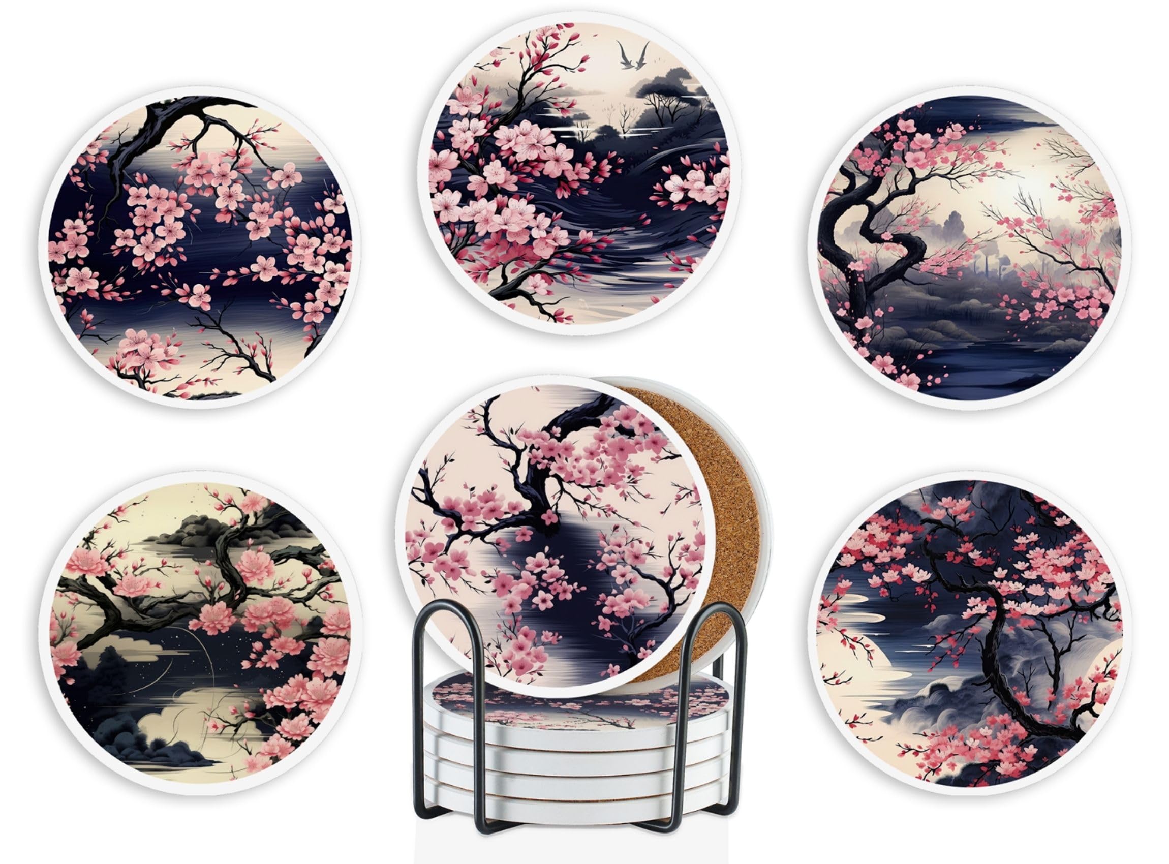 Japanese Gifts, 6 Pcs Set Ceramic Coasters for Drinks Absorbent with Holder, Sakura
