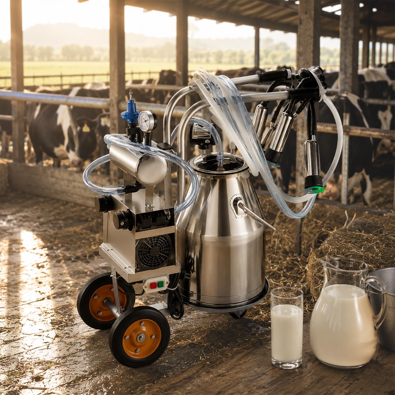 XEEAOFE Electric Milking Machine & Portable Goat Milker, 6.6Gal/25L 304 Stainless Steel Bucket, Rechargeable, Adjustable Vacuum Pulsation, for Cows and Goats