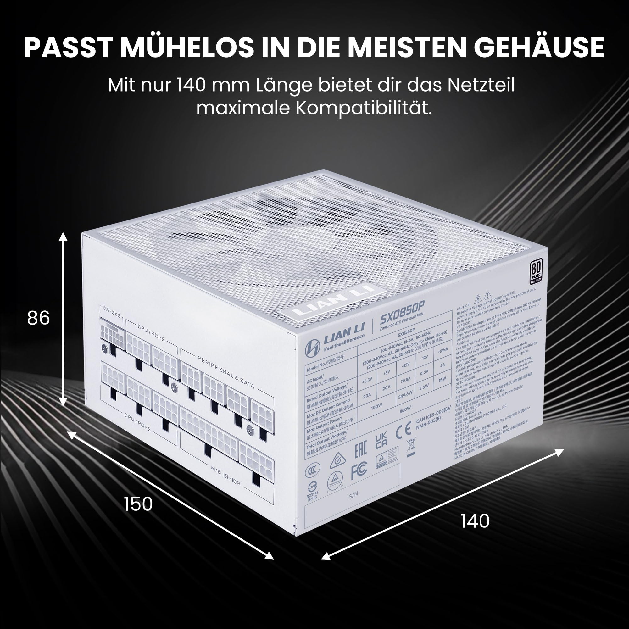Lian Li SX0850P Netzteil – 850 W Weiß | 80 Plus Platinum Effizienz, Vollmodulare abnehmbare Kabel, ATX 3.1 & PCIe 5.1, Modernes & Leises Gaming-PC PSU