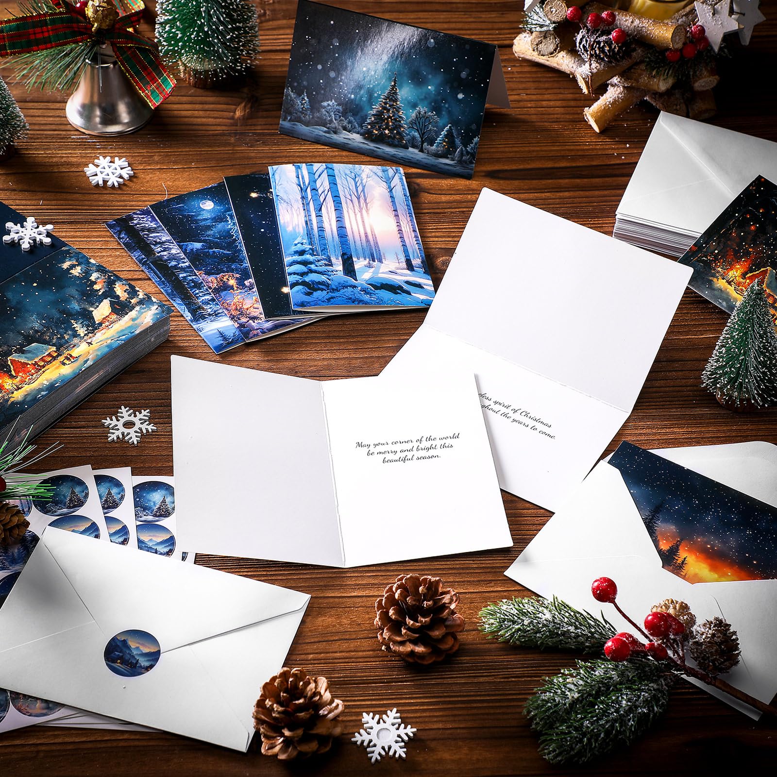 Motiskyy Lot de 100 cartes de Noël avec enveloppes et autocollants, assortiment de cartes de vœux en vrac pour Noël, Nouvel An, 10 motifs, 15,2 x 10,2 cm (forêt hivernale)