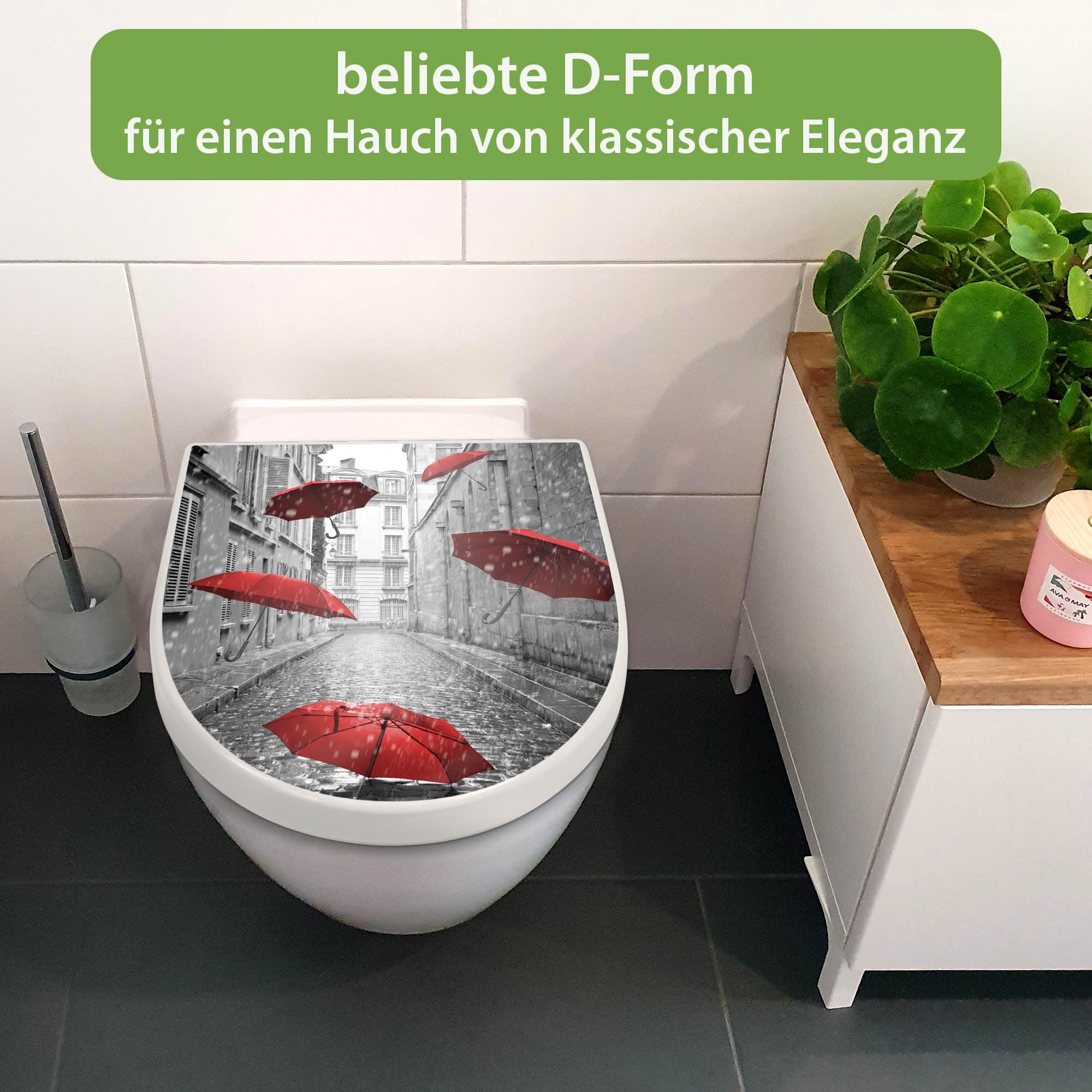 banjado WC Sitz mit Absenkautomatik D Form - Toilettendeckel mit Absenkautomatik D Form - Klodeckel Softclose - stabile Klobrille - Toilettensitz Weiß - Motiv Rote Schirme
