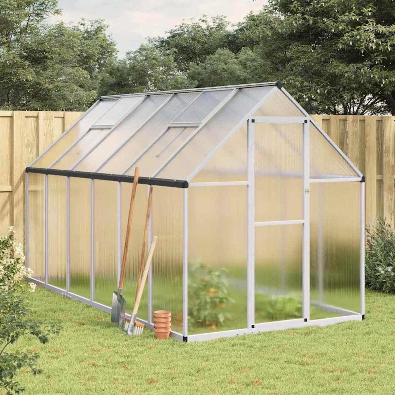 Szklarnia 334 x 169 x 195 cm – odporna na warunki atmosferyczne aluminiowa rama, wbudowana rynna dachowa i 5-stopniowa regulacja okna wentylacyjnego – srebrna/przezroczysta – do uprawy roślin w