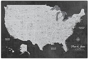 Personalized Grey Canvas United States Map with Push Pins