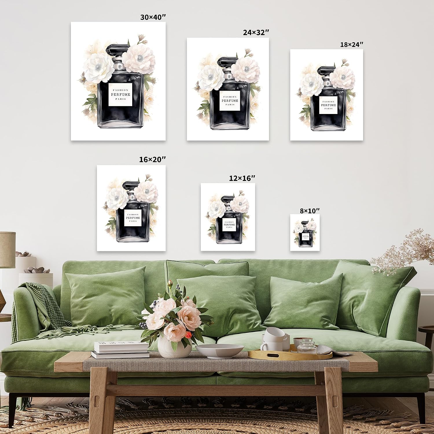 Poster Master Black Perfume Canvas - Fashion Print - White Flower Art - Gift for Men, Women & Fashionista - Minimal Decor for Living Room or Office - 8x10 STRETCHED Canvas