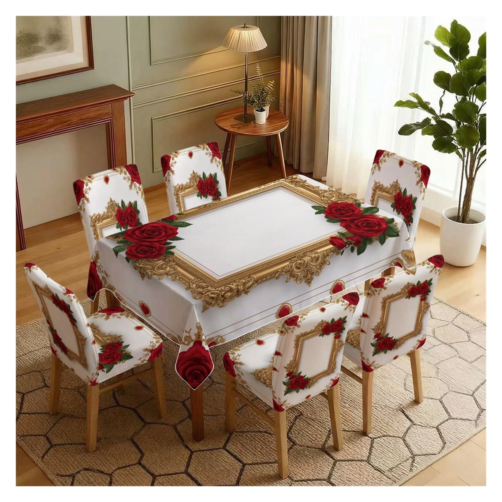 KXUAUV Luxury Baroque Red Rose Print Stretch Chair Covers & Tablecloth Set, For Wedding Banquet Dining Room Home Decor, 5/7 Pack Party Decor(7pcs Set: Tablecloth+Chair Covers)