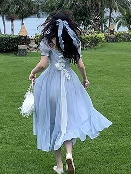 French Vintage Dress Women Puff Sleeve Square Collar Elegant