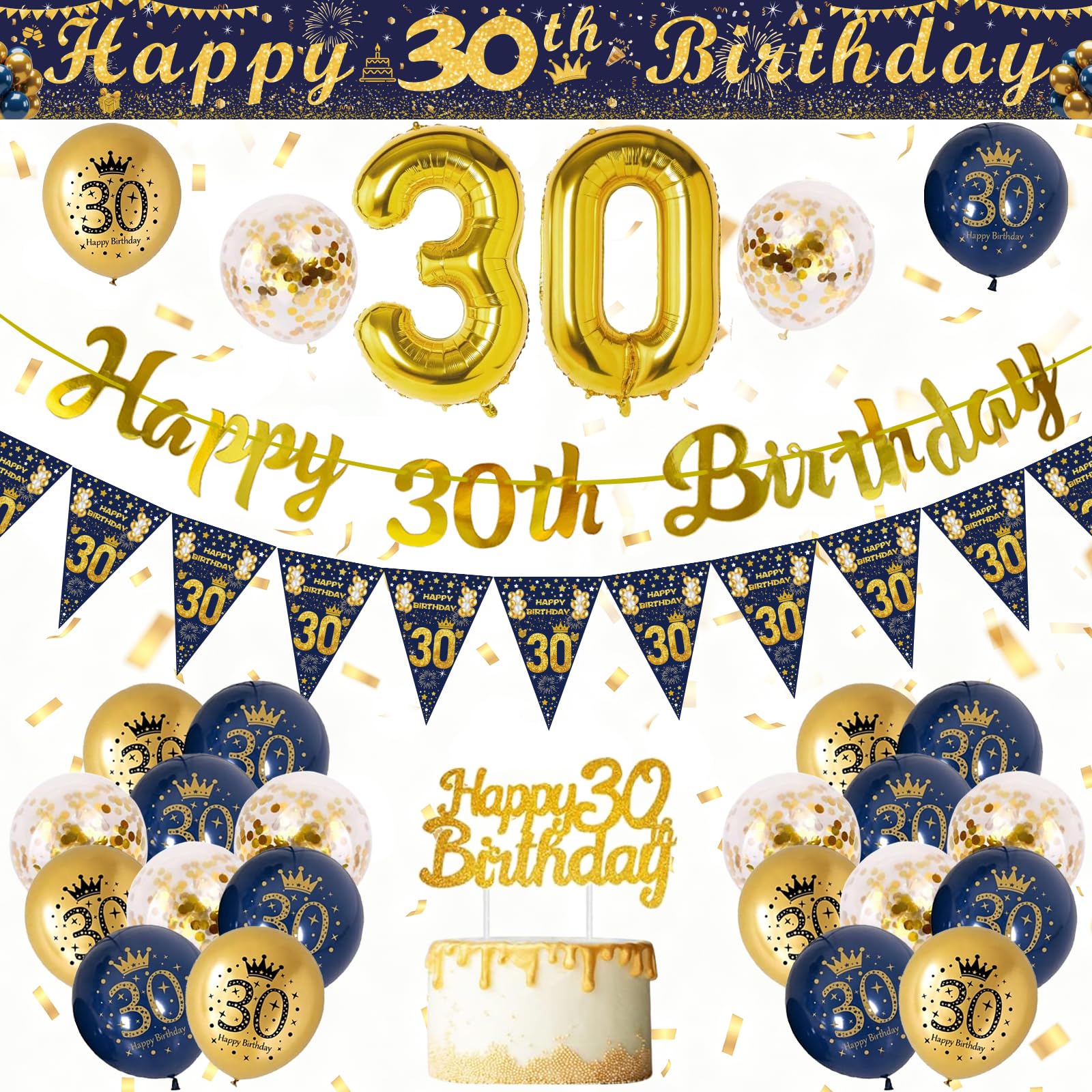 30th Birthday Decorations for Men, Blue Gold 30 Birthday Decorations,Happy 30th Birthday Banner,30th Balloons,270 * 15cm Cuttable Banner,Foil Balloons,Cake Topper 30 Birthday Party Supplies for Men