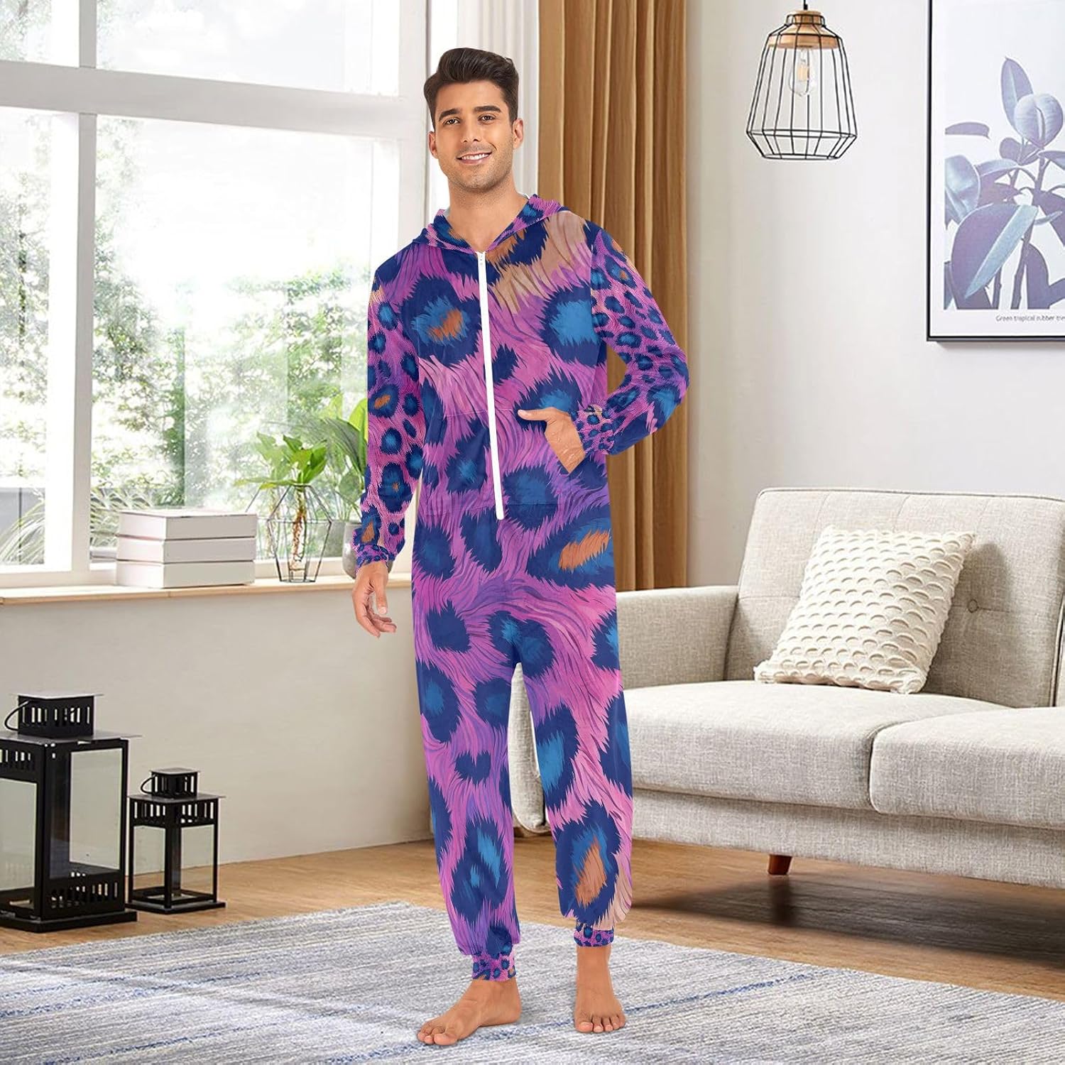 Pink Purple Leopard Print Unisex Adult Onesie Pajamas Comfy One Piece Costume Jumpsuits Novelty Sleepwear Homewear for Men Women