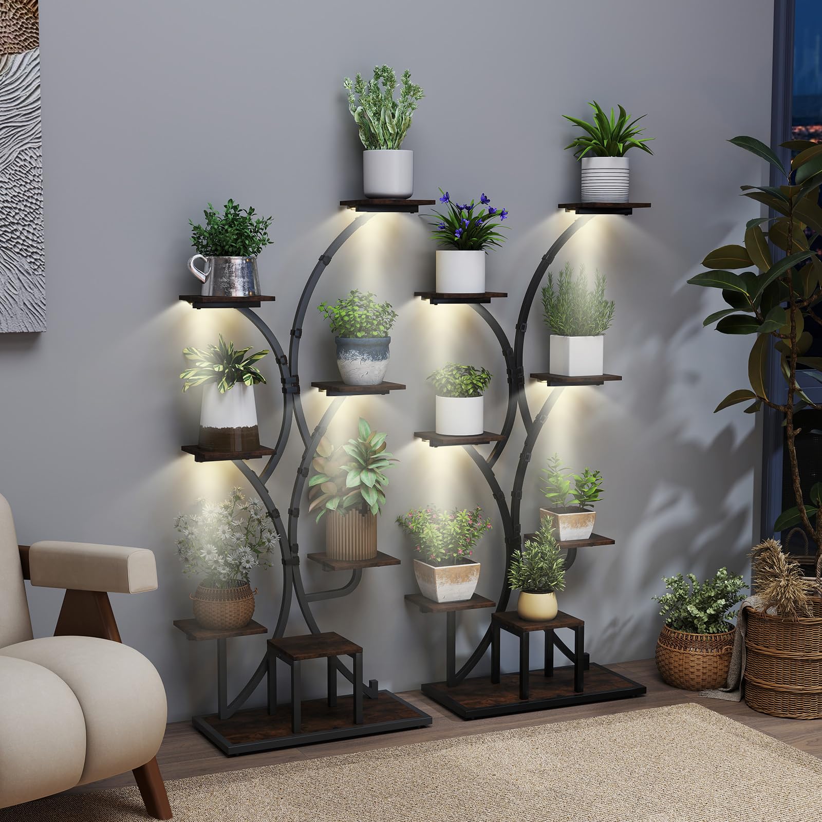 COSTWAY Soporte para Plantas de Interior con Luces de Cultivo, Estante para Plantas de Esquina de 8 Niveles, Soporte para Macetaa para Múltiples Plantas para Sala de Estar Balcón, 67 x 30 x 146 cm (1)