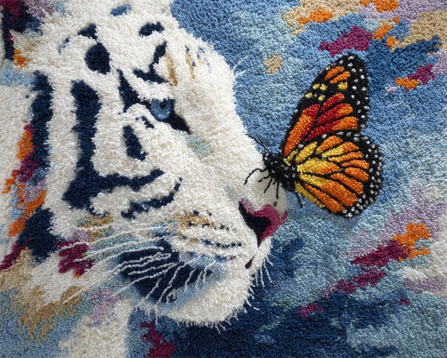 Henypt DIY Knüpfteppich Set Weißer Tiger und Schmetterling 55x75cm