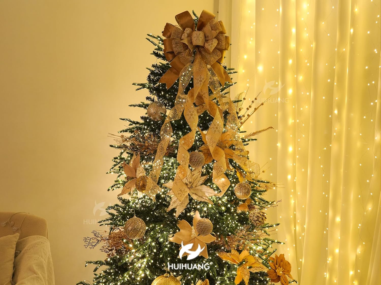 HUIHUANG Christmas Tree Topper Bow Champagne Gold Christmas Bows 13 inch x 45 inch Large Snowflake Velvet Bows for X-mas Ornament, Wreaths, Staircase, Mantel, Home Decor - Image 4