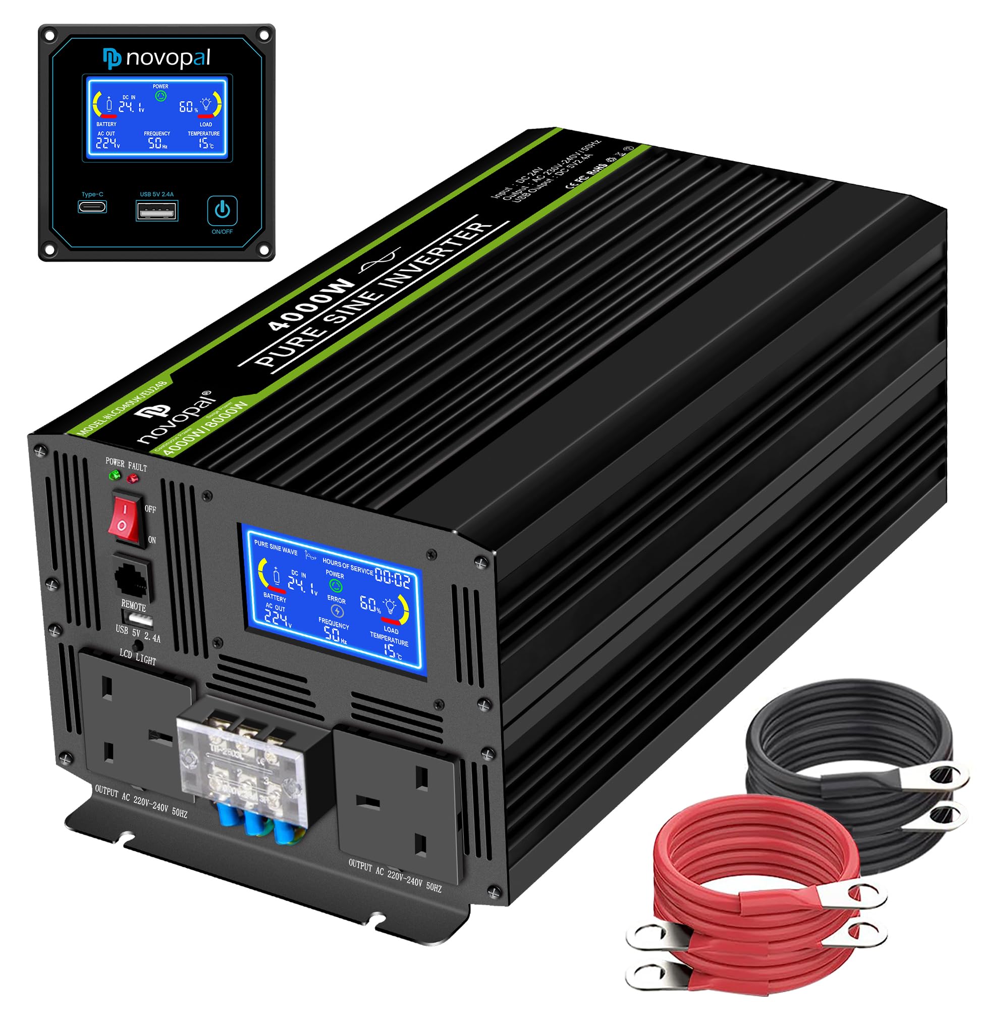 Novopal 4000W Pure Sine Wave Inverter 24V DC to 240V AC Power Converter with LCD Display,2 UK Outlets,1 USB,16.4FT Remote Control for RV,Truck Driver,Boat,Camping,Home,Travel