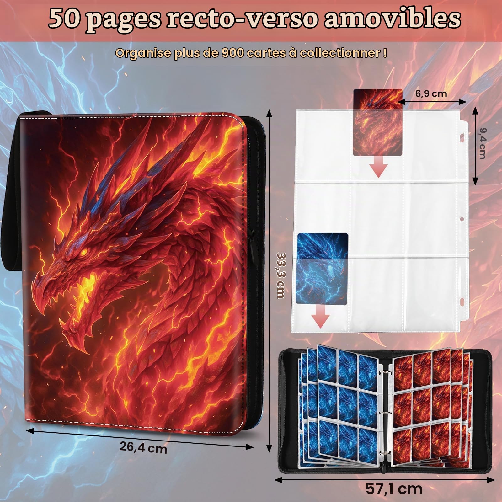 Classeur Carte 900 Cartes, 50 Pages Album Cartes Binder pour TCG | Portable, Cuir PU Imperméable, Fermeture éclair et Classeur à 3 Anneaux, Pour Cartes TCG et Cartes de Sport