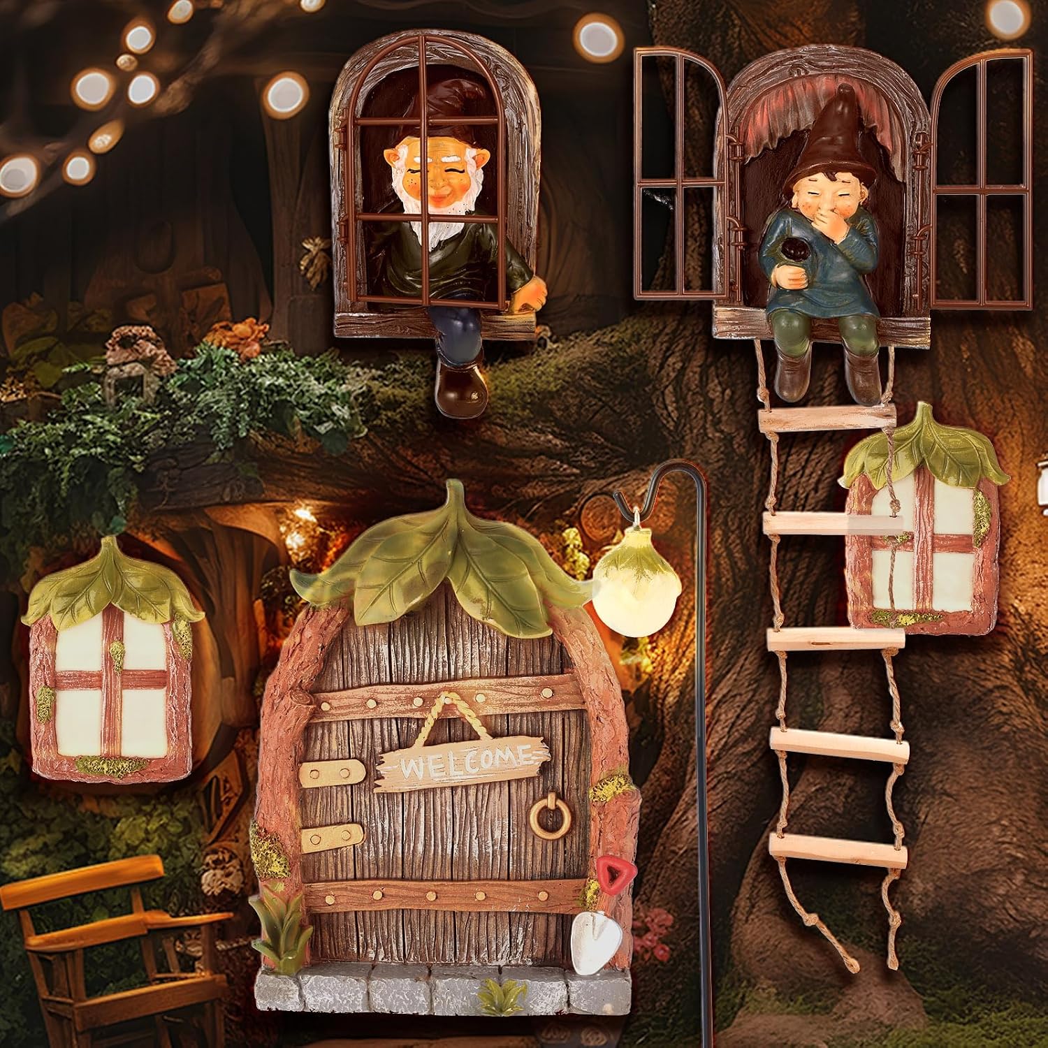 7 Pcs Fairy Garden Accessories Tree Hugger Gnome Statue Fairy Door Window Set Dwarf Elf Landscape Figurine Out The Door Resin Sculpture Hanging Tree Faces Decor for Trees Outdoor Decor (Fresh)