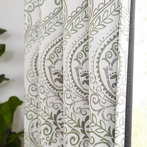 Miniatura 8 de JINCHAN - 2 cortinas 100% opacas de 84 pulgadas de largo, con patrón de damasco con medallones de color verde salvia, ojales y aislamiento térmico,