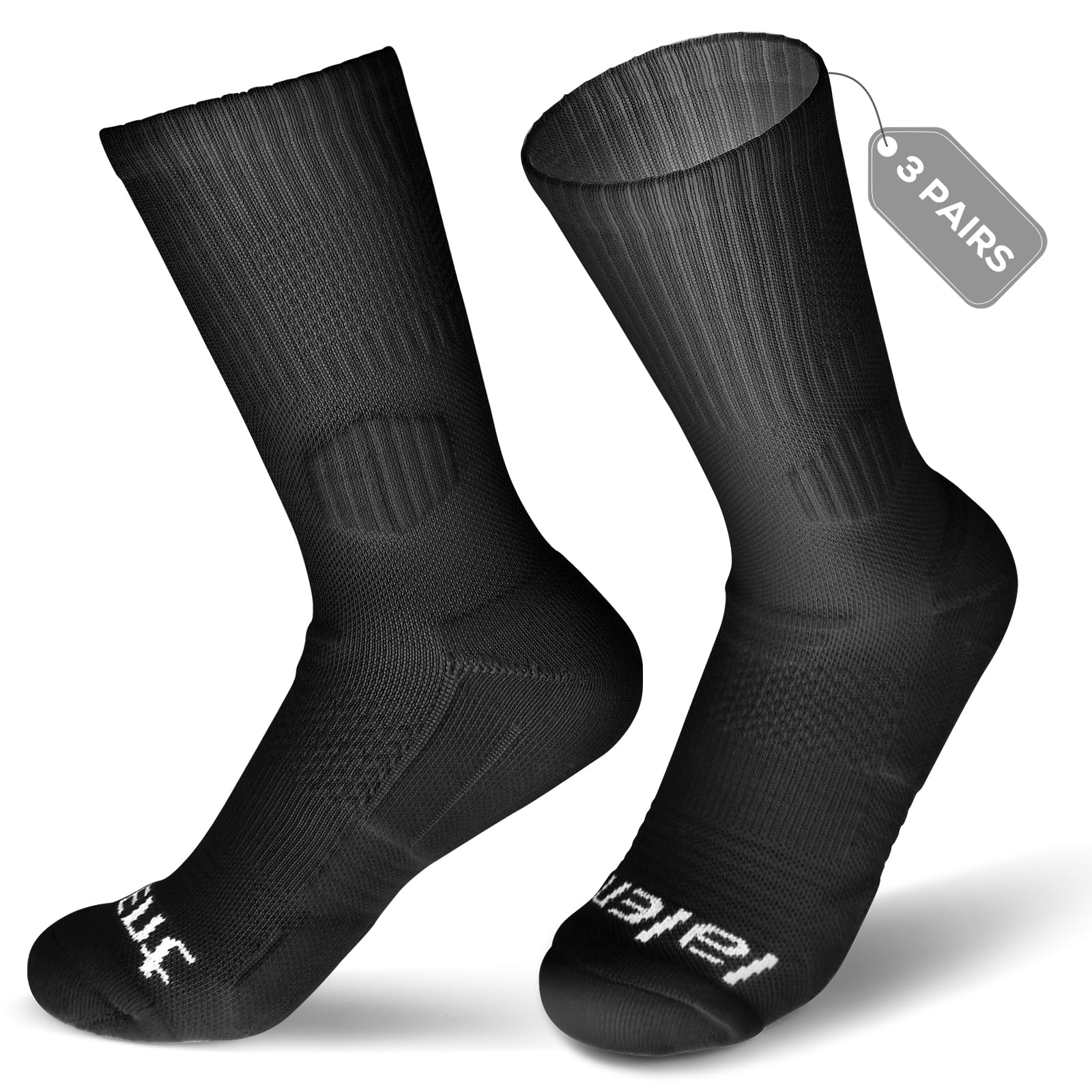 Lalent Men's Black Running Socks Cushion Compression Socks Anti Blister Crew Socks For Wo Ladies Outdoor 3 Pack Performance Hiking Trekking Walking Athletic Socks