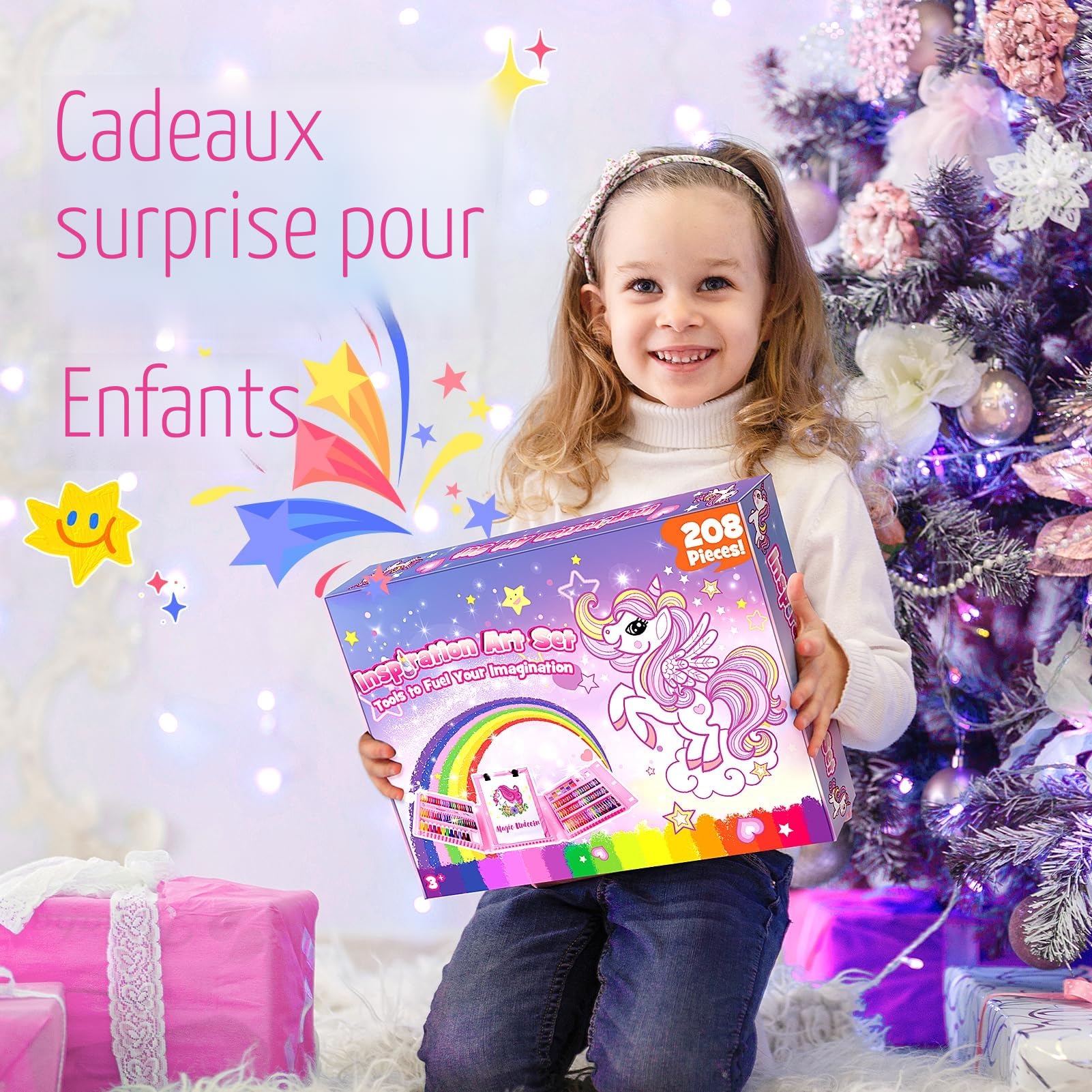 HappyGoLucky 208 pièces Malette Dessin Enfant, Cadeau Fille 3-12 ans, Art Set, Crayons de Couleur Palette Aquarelle