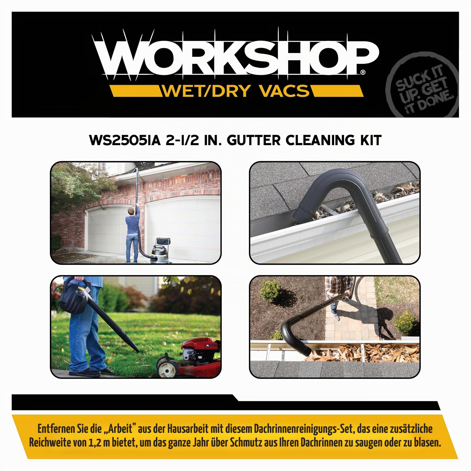 WORKSHOP Wet/Dry Vacs Staubsauger-Dachrinnen-Reinigungsset WS25051A 2-1/2 Zoll Nass-/Trockenladen Vakuumzubehör für die Dachrinnenreinigung | Sammelt oder bläst Schmutz aus Dachrinnen, für Werkstatt-Staubsauger, passend für 5,1 cm Verlängerungsstäbe und S