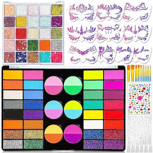 Kit profesional de pintura facial de 69 colores para niños, lavable, acuarela, no tóxico, pintura corporal, paleta de maquillaje con purpurina,
