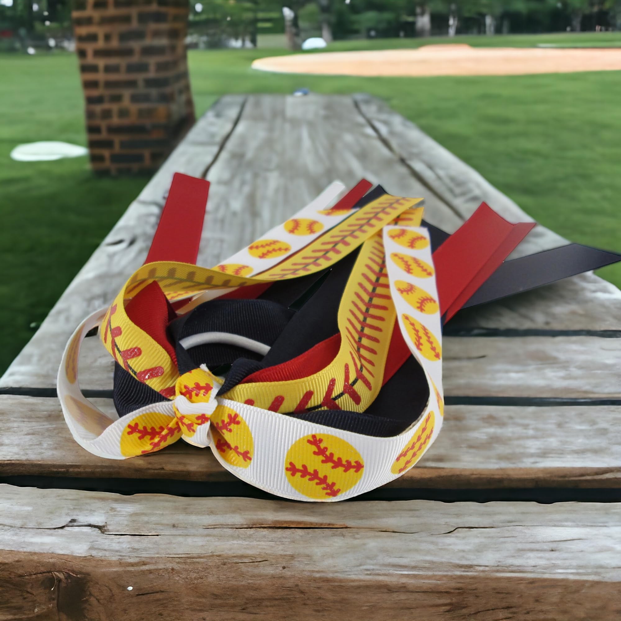 Glitter Softball Pony Holder Streamer Hair Bow, Red, Black, White & Stitches Ribbon
