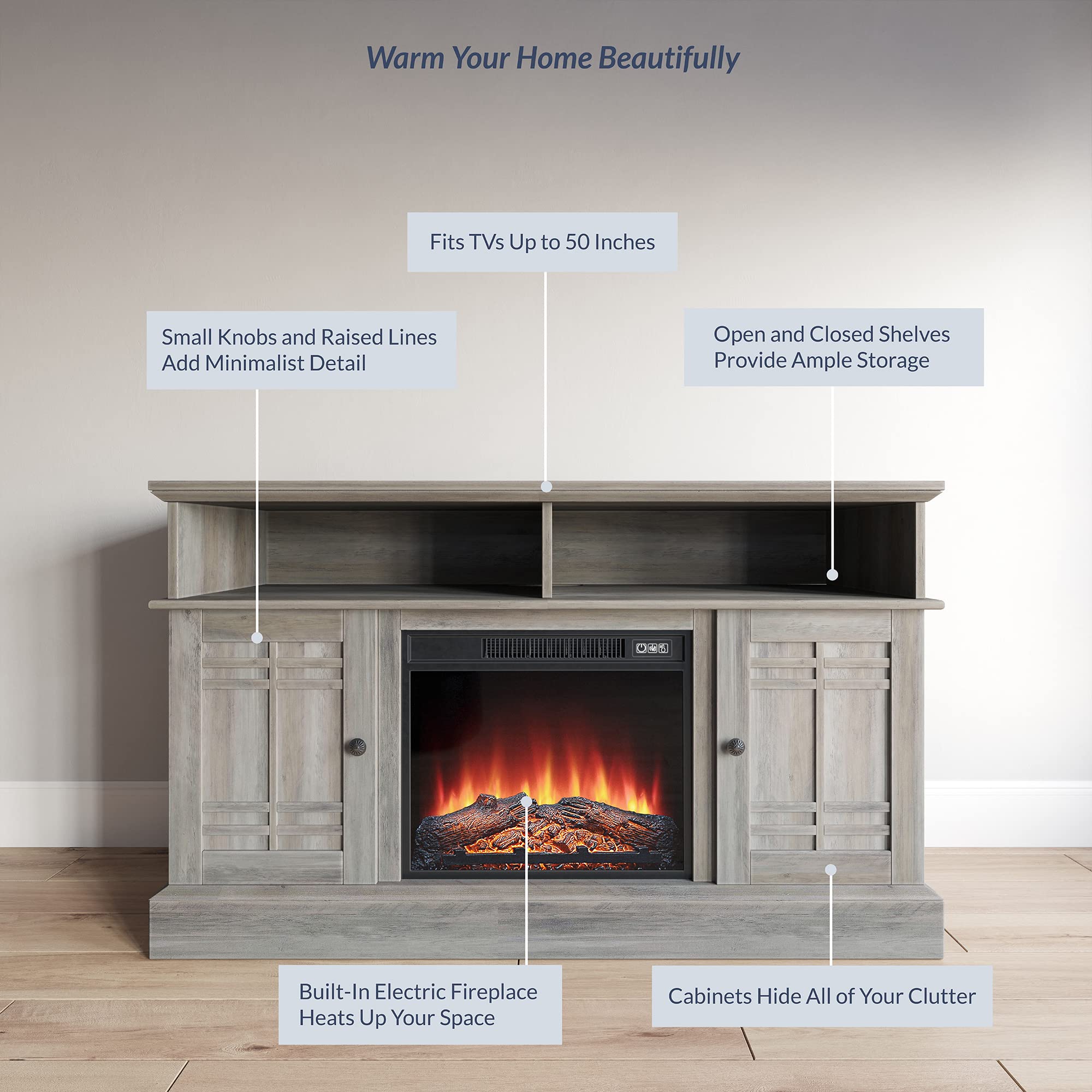 BELLEZE Modern 48 Inch Farmhouse Electric Fireplace TV Stand & Media