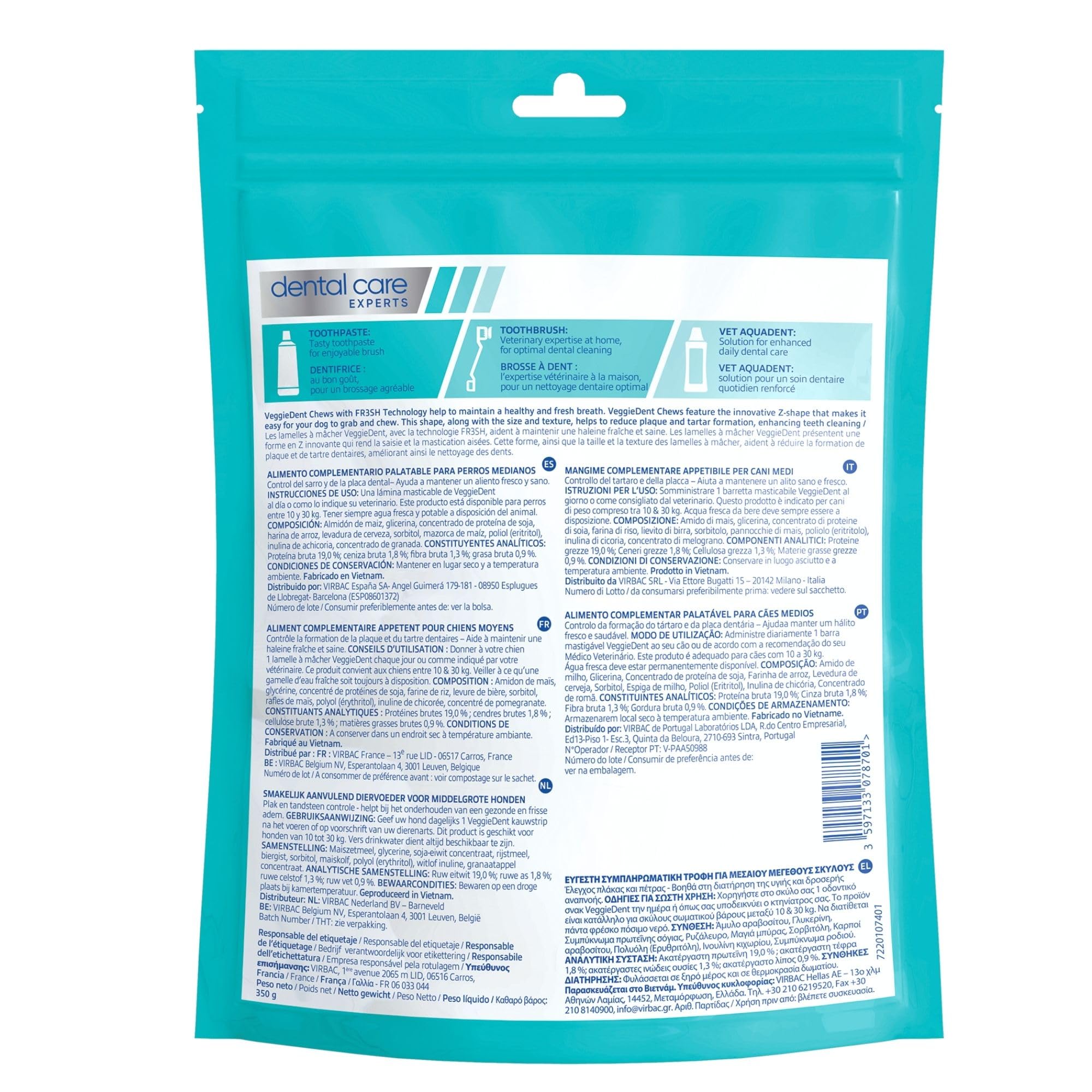 Virbac VeggieDent - Strisce da masticare per cani di taglia media (da 10 a 30 kg), 15 strisce