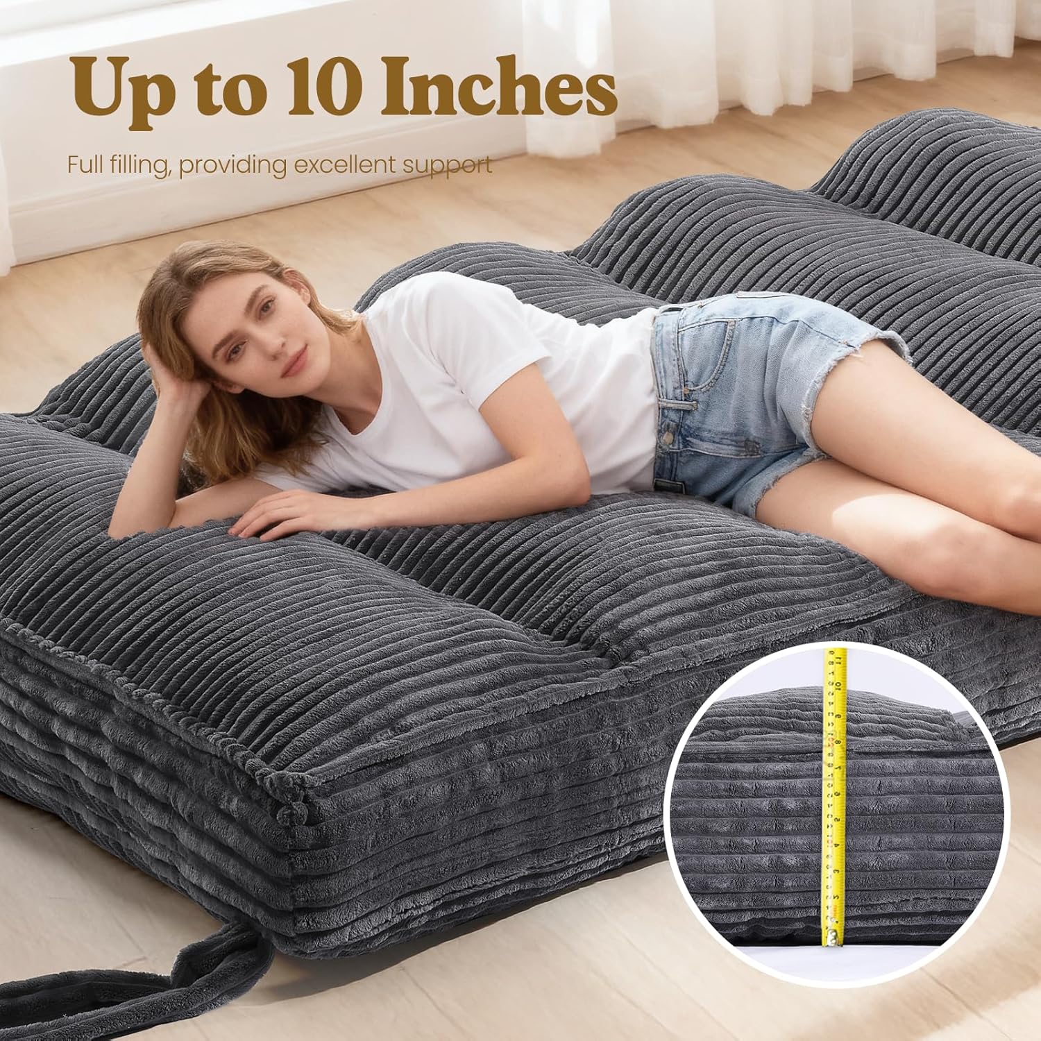 10" Futon Mattress Full Size, Ultra Thick Futons Sofa Couch Bed Sleeper Sofa Bed, Versatile Floor Futons Japanese Floor Mattress for Adults, Grey (Frame Not Included)
