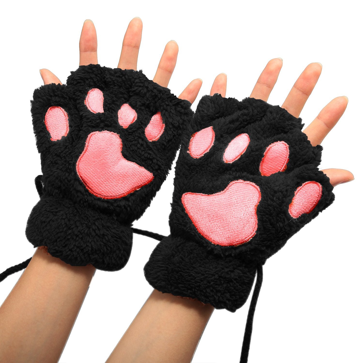 1 Pair Ladies Girls Womens Cat Paw Gloves Winter Gloves Fingerless Paw Mittens Warm Plush Half-Finger Winter Gloves