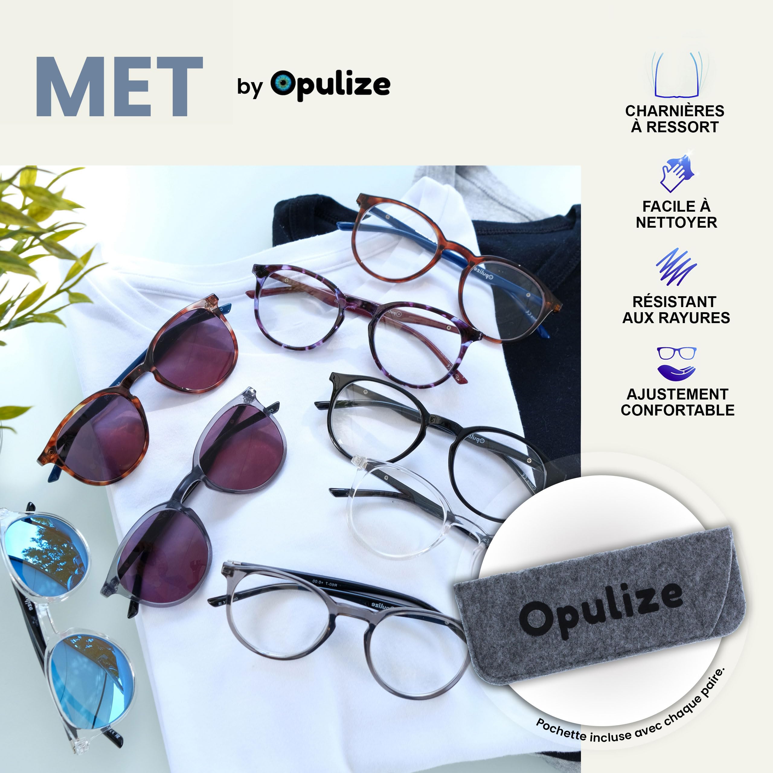 Opulize Met Double Pack Lunettes De Lecture + Soleil Grand Rond Brun Bleu Marine +2,50