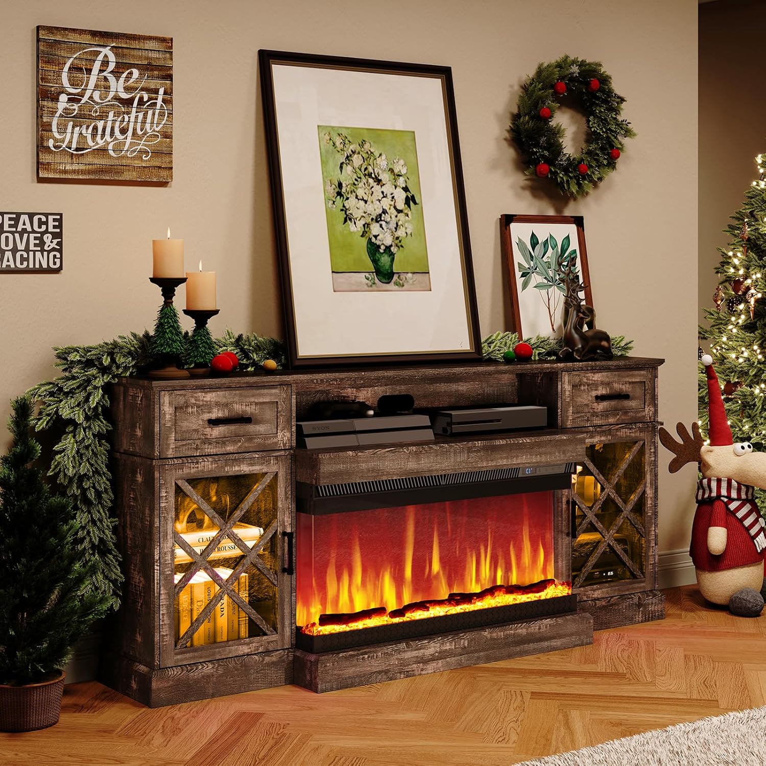 AMERLIFE Farmhouse LED Fireplace TV Stand with 3-Sided Glass Fireplace, 70" Large Entertainment Center for TVs up to 80", Rustic TV Console with Glass Door Storage for Living Room, Dark Oak Wood