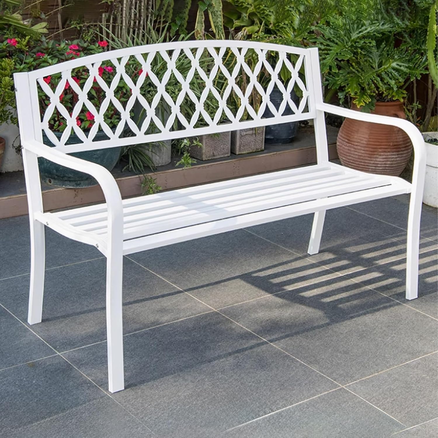 Outdoor Bench, Metal Bench, Distressed Garden Bench, Park Bench with Backrest Armrests, Patio Seating for Front Porch Backyard Park Outside Furniture Decor, 127cm(Blue)