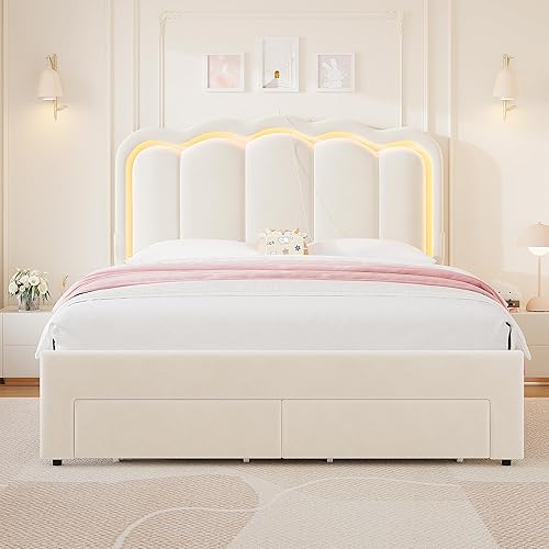 Miniatura 8 de Base de cama LED tapizada tamaño Queen con 2 cajones de almacenamiento y cabecera doble ondulada ajustable, cama de plataforma de princesa de