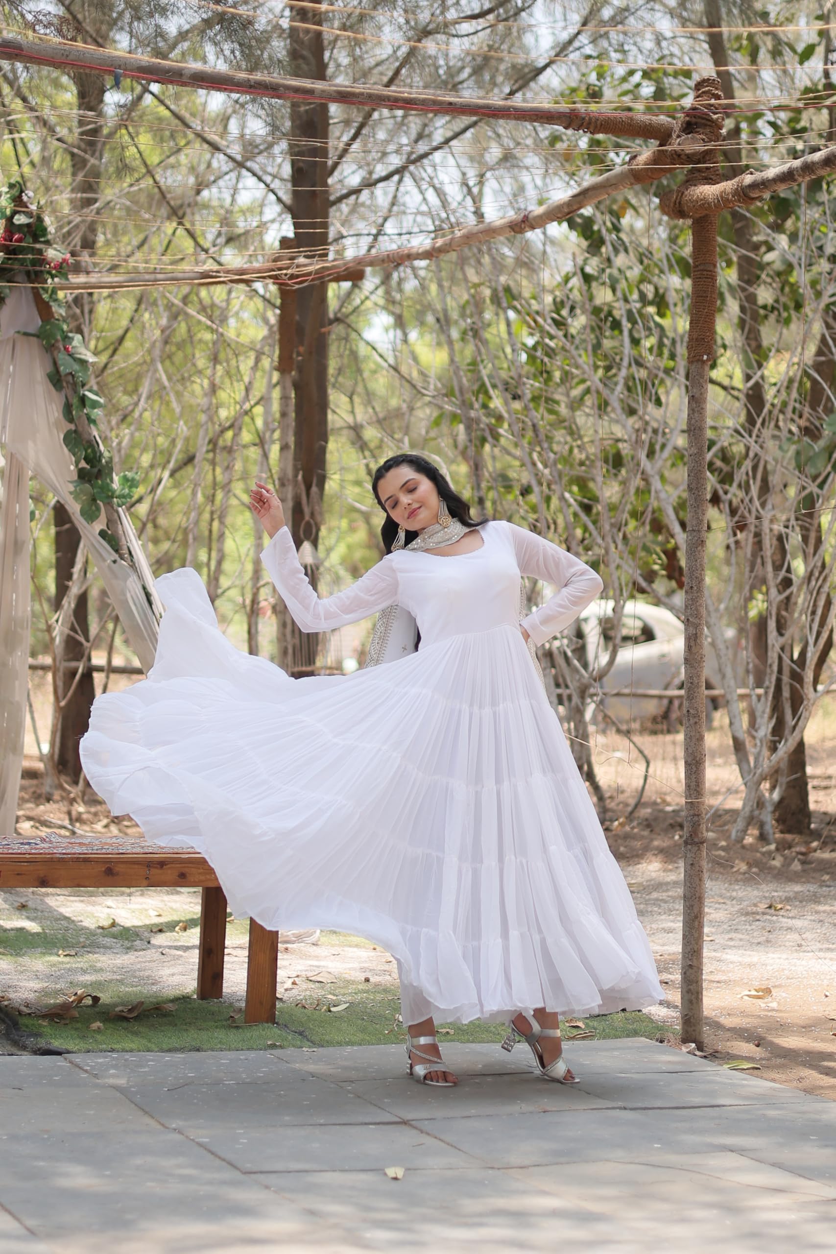 Fashion Basket Women's Georgette Solid Anarkali Dress White