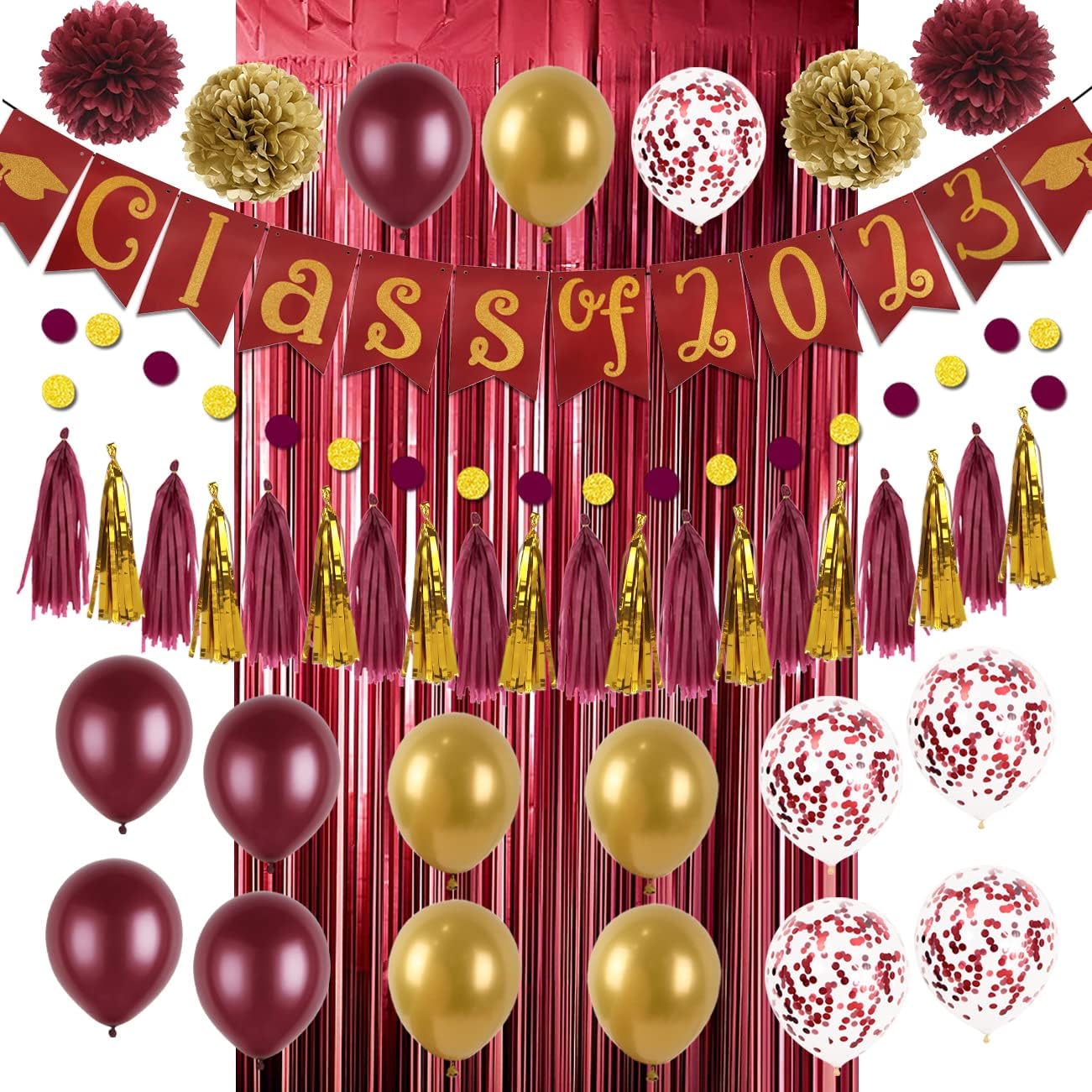 Maroon Graduation Party Decorations 2023-Maroon and Gold Class of 2023 Banner Paper Pompoms, Congrats Grad Foil Fringe Curtain Backdrop and Senior Graduation Party Balloons Decorations Supplies