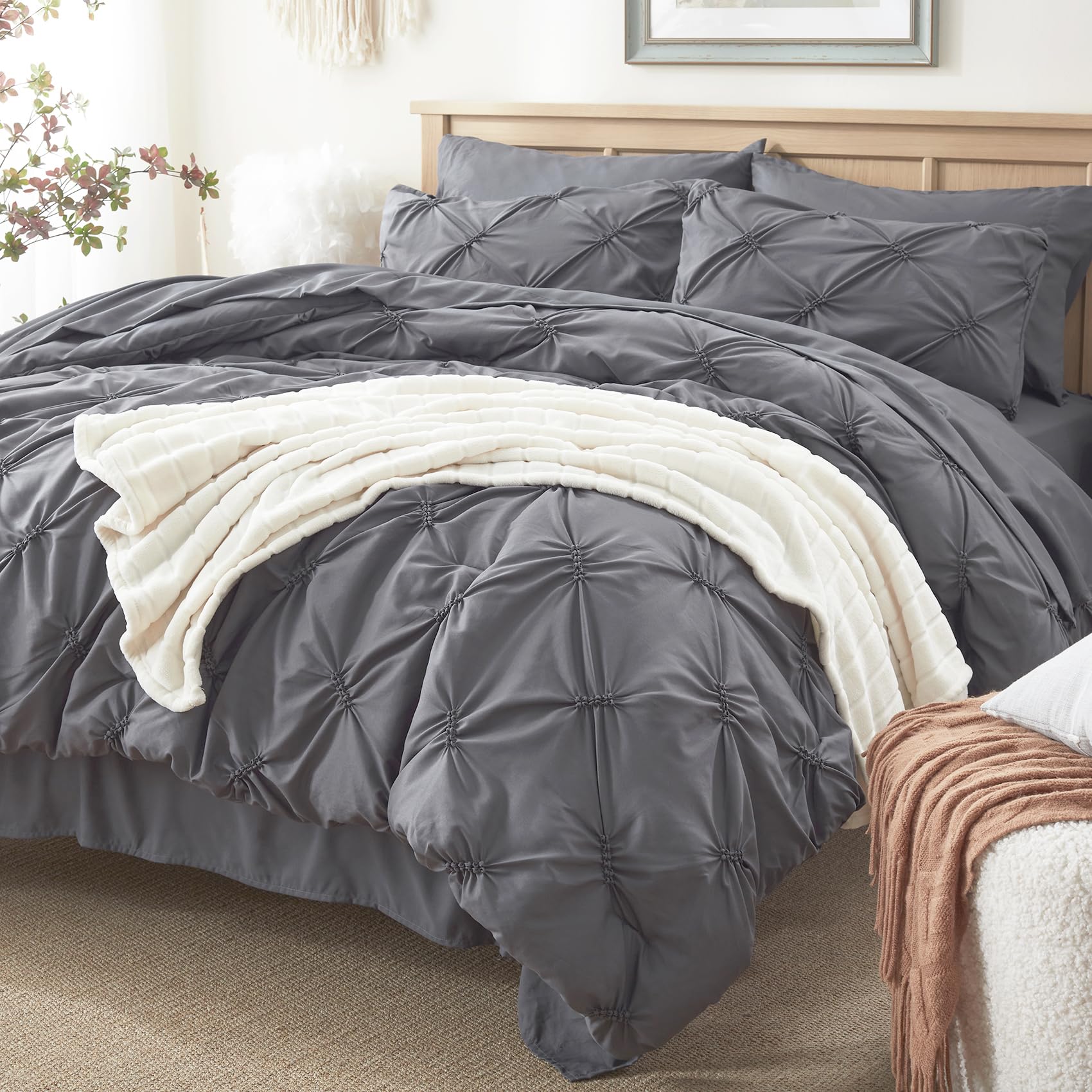 Anluoer King Comforter Set 7 Piece, Pintuck Dark Grey Bed in a Bag with ...