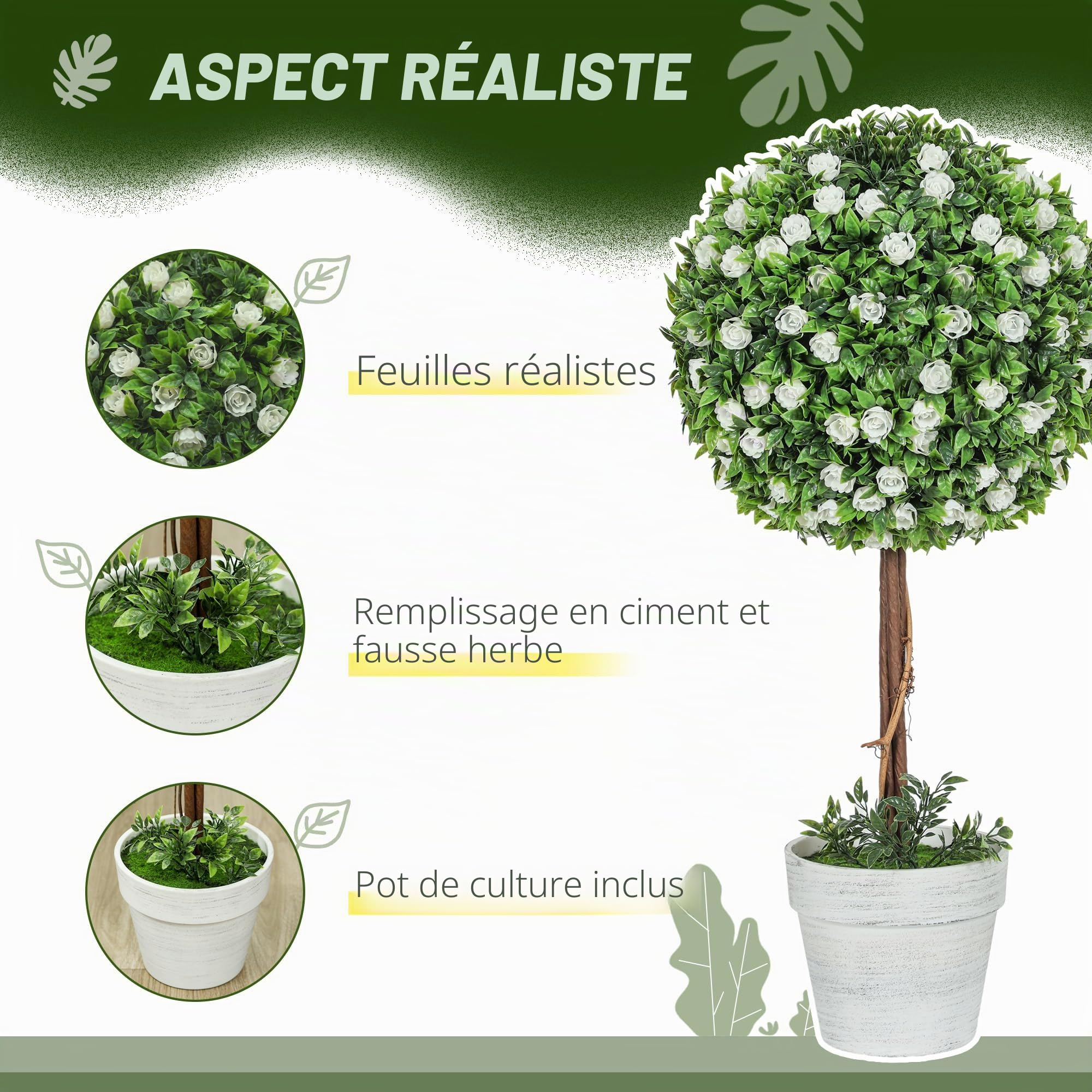 HOMCOM Lot de 2 Plantes artificielles Topiaire Boule 60cm Blanc | Fleur de rose en pot, fausses plantes, déco intérieur/extérieur