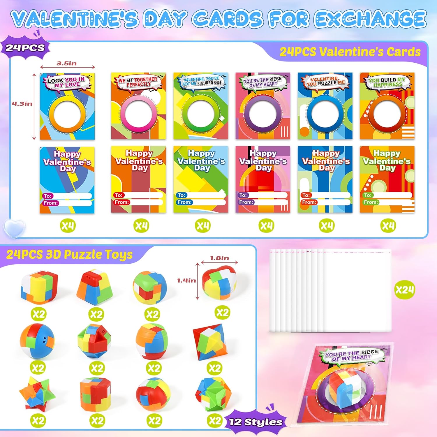 Valentines' Day Cards with 24 Pack Brain Teaser Puzzle for Kids School Classroom, Valentines' Gifts for School Exchange, 3D Brain Teaser Puzzle Bulk for Party Favors